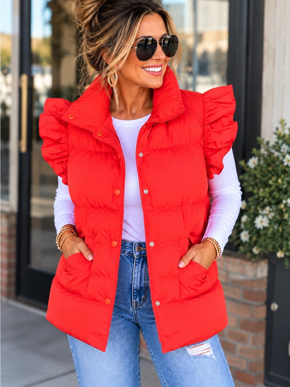 BUCKETLIST Ruffle Sleeve Puffer Vest in Red